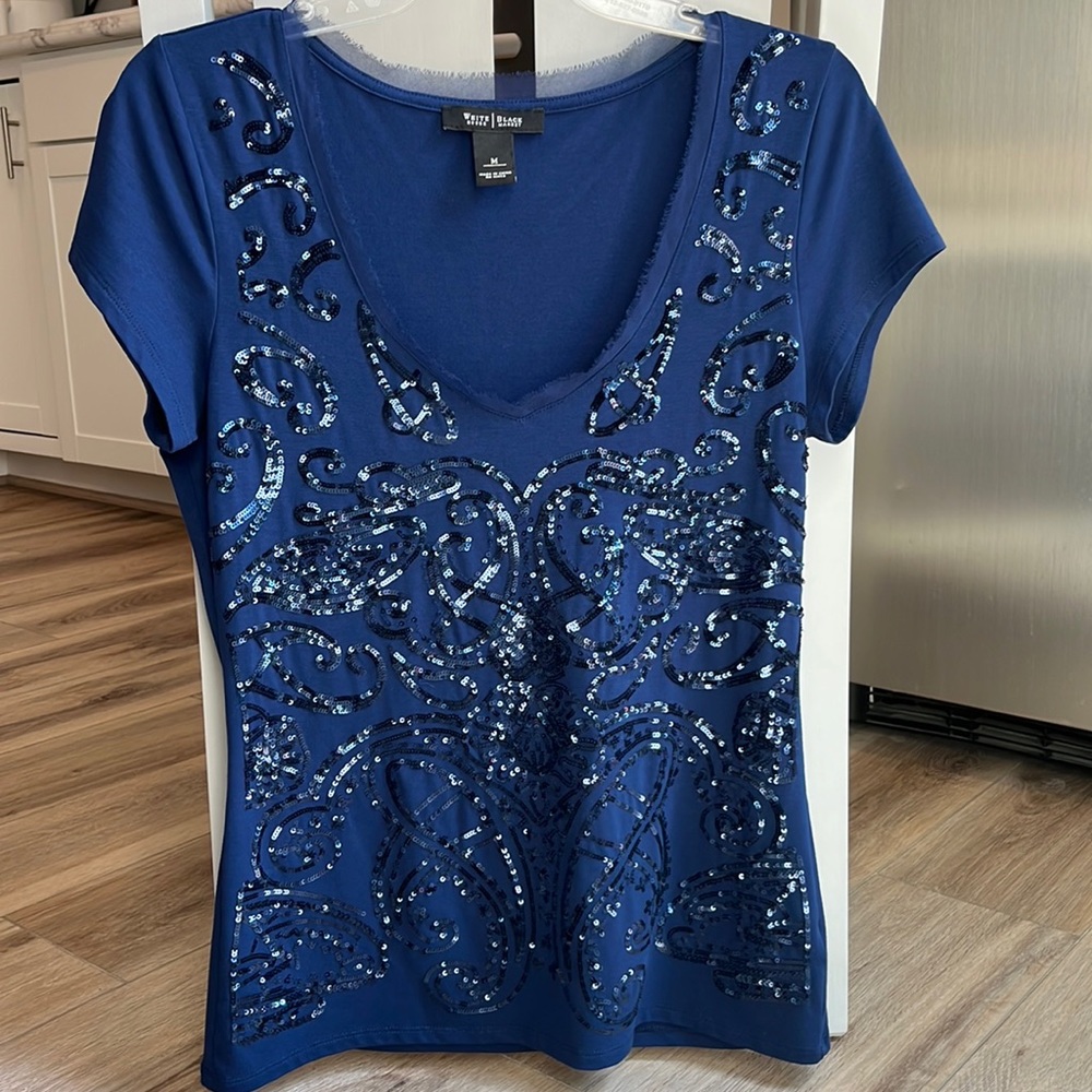 White House Black Market Blue Sequin Top
